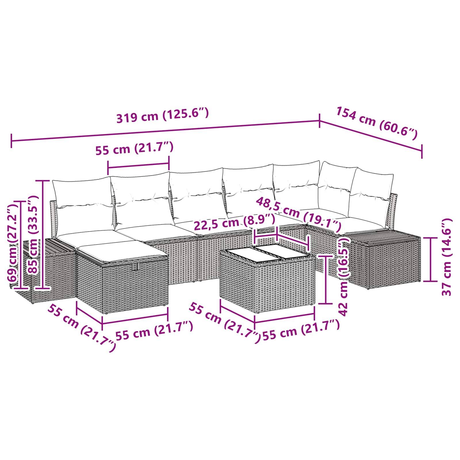 vidaXL Gartensofa-set mit Kissen 8 pcs Braun Poly-Rattan