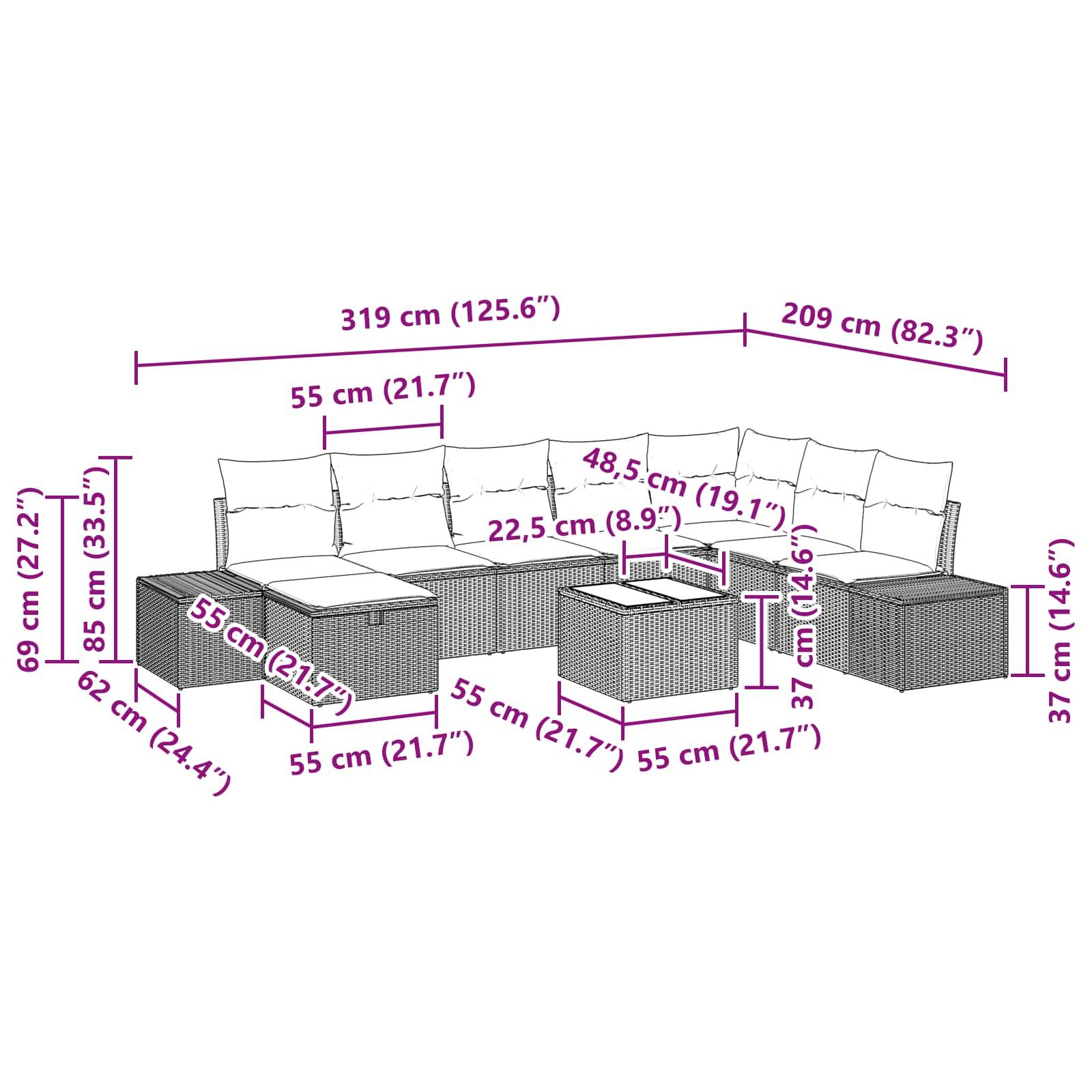 vidaXL Gartensofa-set mit Kissen 9 pcs Braun Poly-Rattan