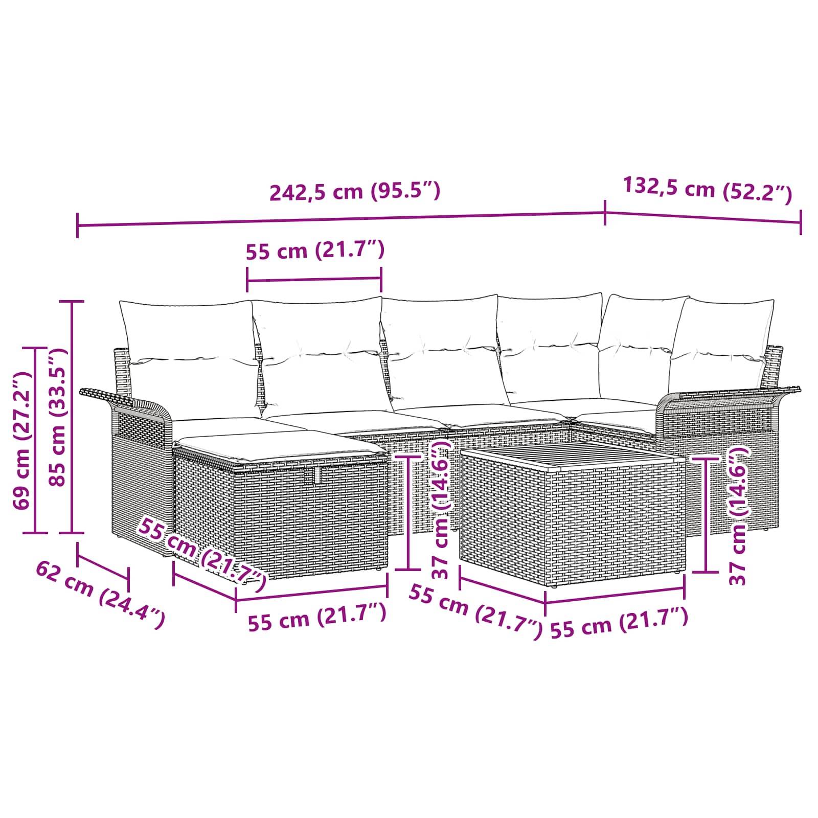 vidaXL Gartensofa-set mit Kissen mit Speicher 7 pcs Grau Poly-Rattan