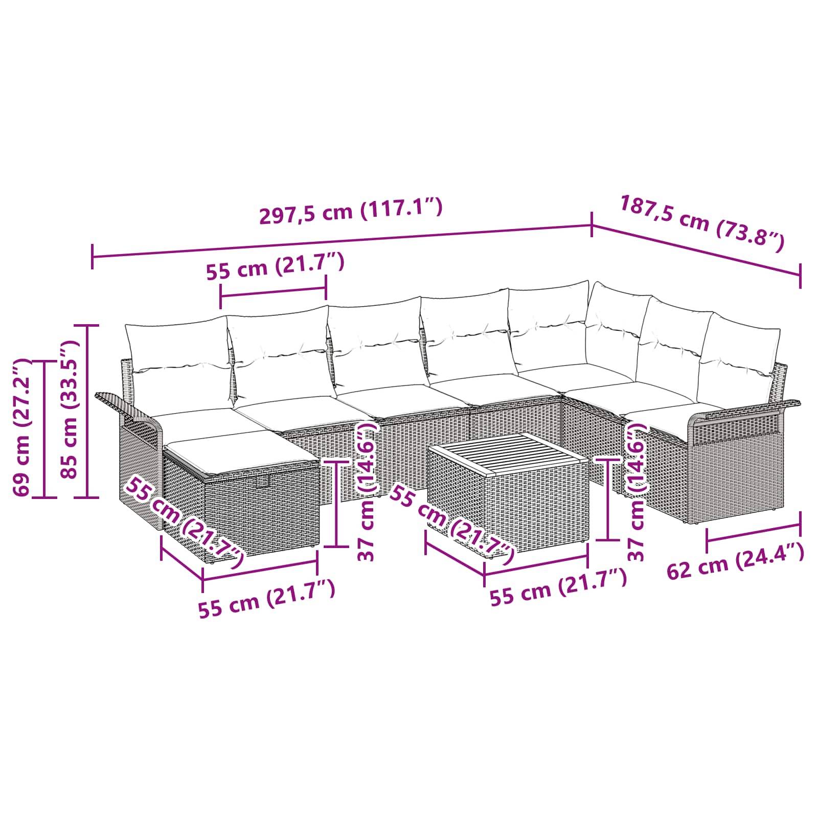 vidaXL Gartensofa-set mit Kissen mit Speicher 9 pcs Grau Poly Rattan