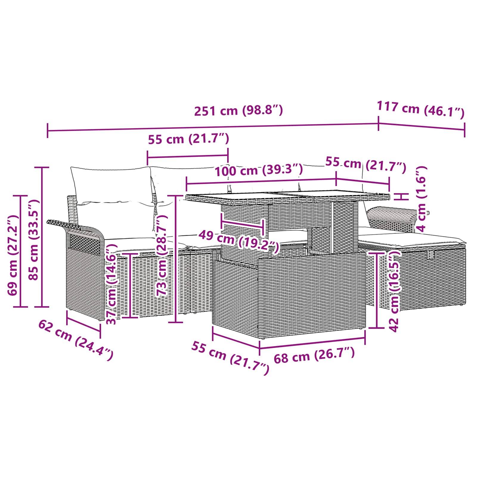 vidaXL Gartensofa-set mit Kissen mit Speicher 6 pcs Braun Poly-Rattan