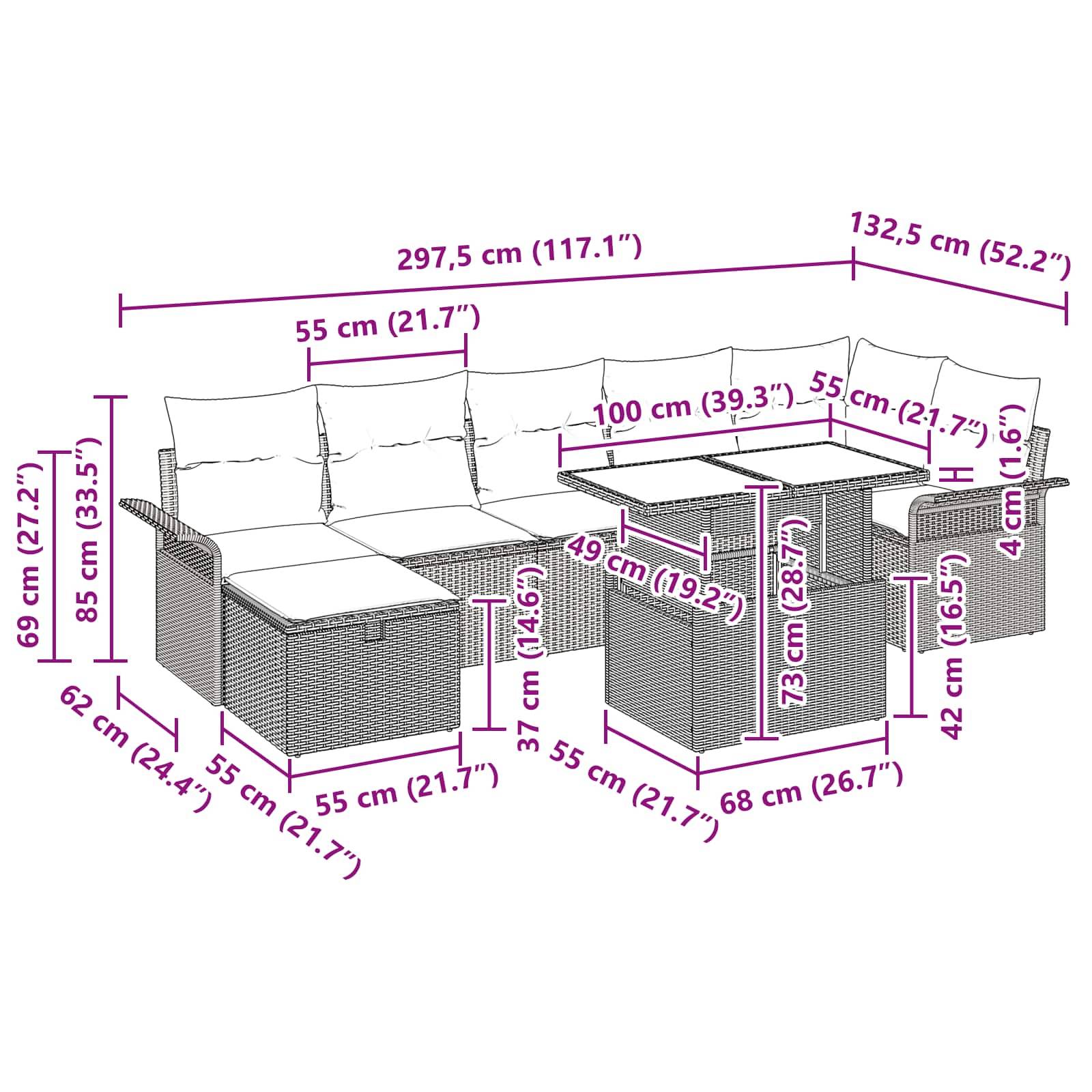 vidaXL Garten-Sofa-Set mit Kissen mit Speicher 8 pcs Grau Poly Rattan