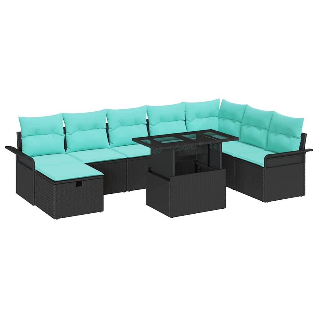 vidaXL Garten-Sofa-Set mit Kissen 9 pcs Schwarz Poly Rattan