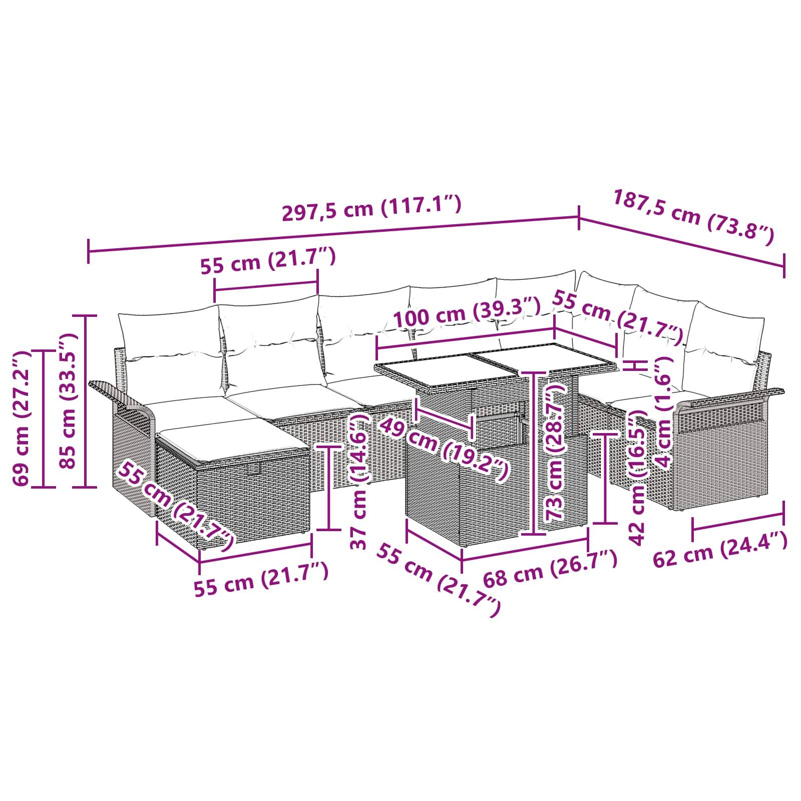 vidaXL Garten-Sofa-Set mit Kissen mit Speicher 9 pcs Braun Poly Rattan