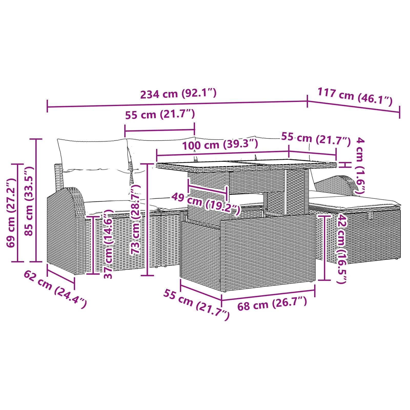 vidaXL Garten-Sofa-Set mit Kissen 6 pcs Schwarz Poly Rattan