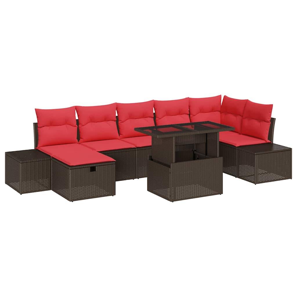 Outdoor-Lounge-Set mit roten Kissen, braunen Rattanrahmen und passendem Couchtisch auf weißem Hintergrund.