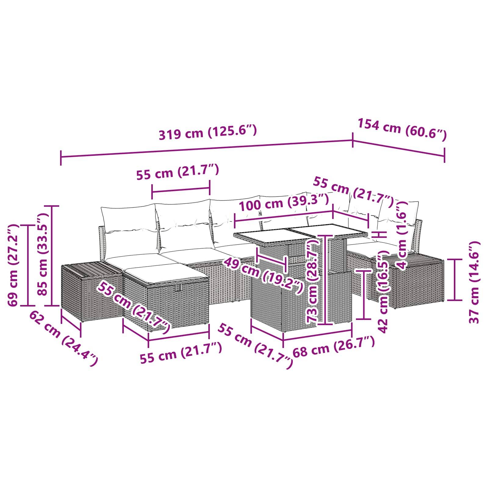 Diagramm eines Gartensofas im Schnitt mit Couchtisch, das Gesamtabmessungen und Komponentenmessungen in Zentimetern und Zoll zeigt.