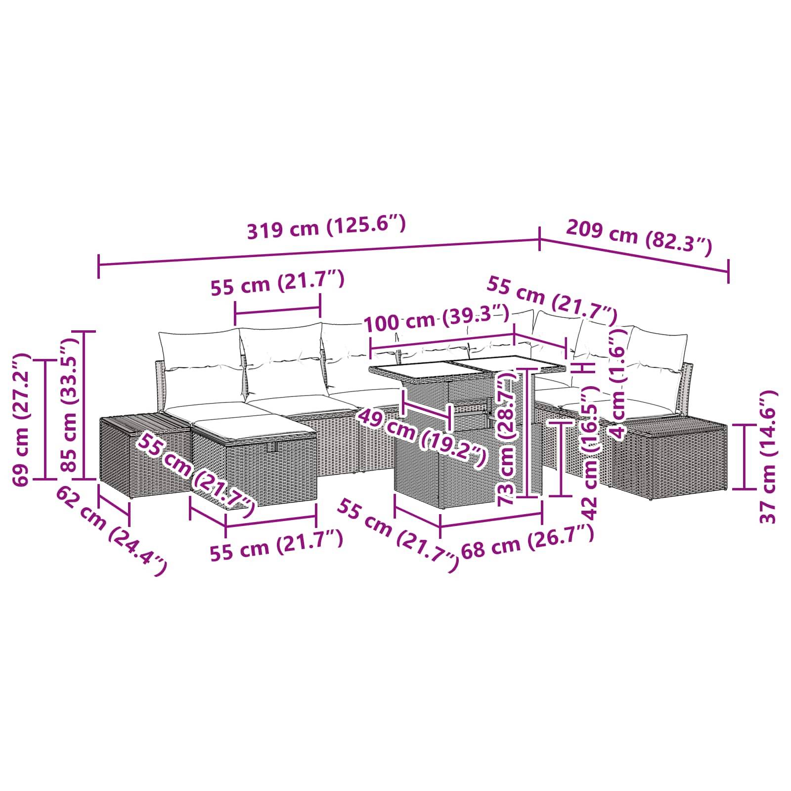Diagramm eines modularen Outdoor-Sofasets mit Couchtisch, das die Gesamtgröße von 319 cm Breite mal 209 cm Tiefe und detaillierte Maße für Sitz, Tisch und Armlehnen zeigt.