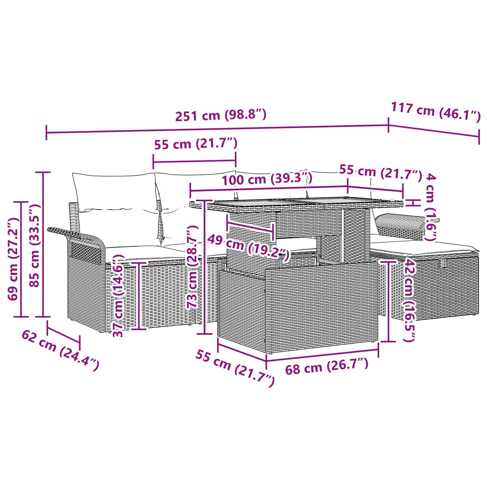vidaXL Gartensofa-set mit Kissen mit Speicher 6 pcs Grau Poly-Rattan