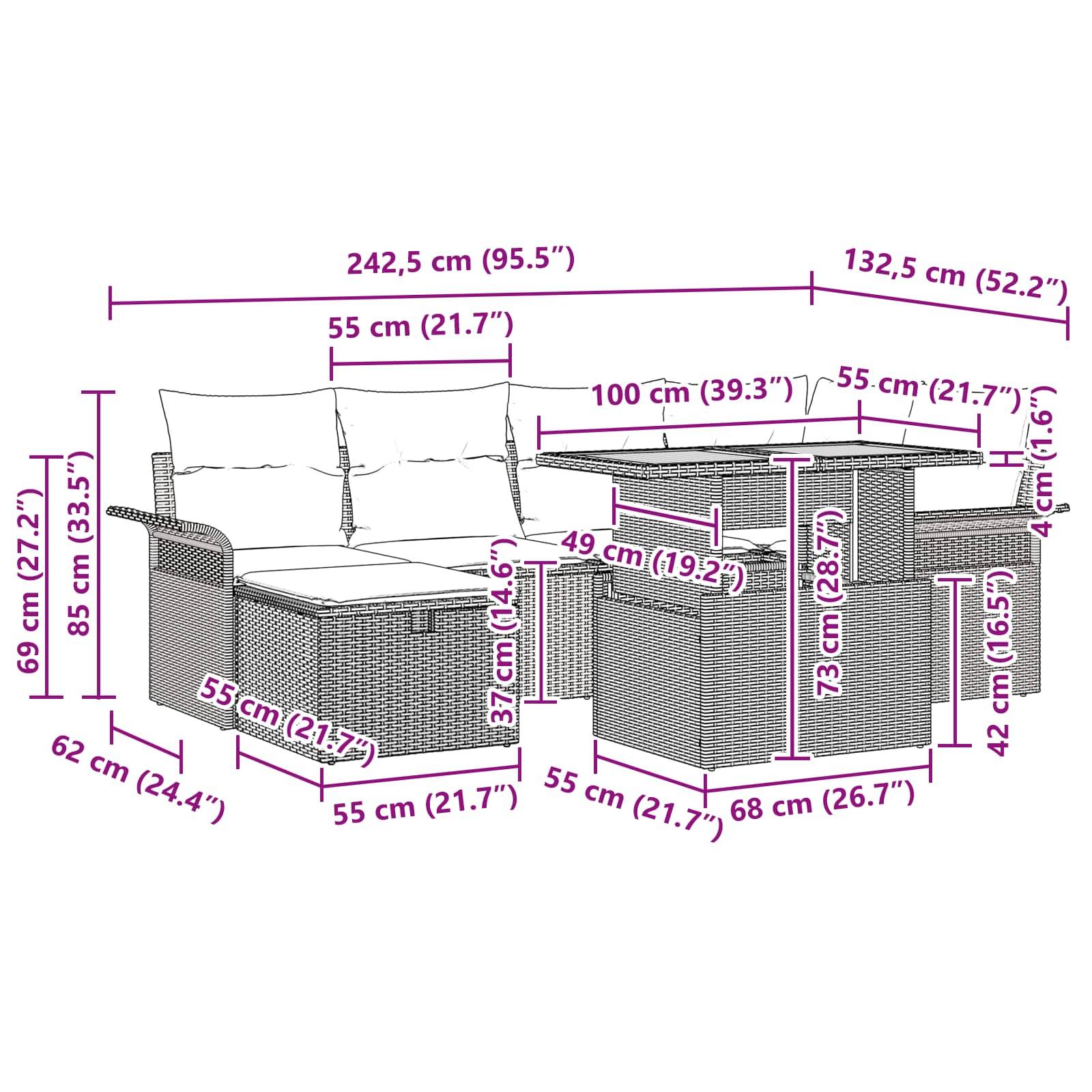 vidaXL Garten-Sofa-Set 7 pcs Schwarz Poly-Rattan