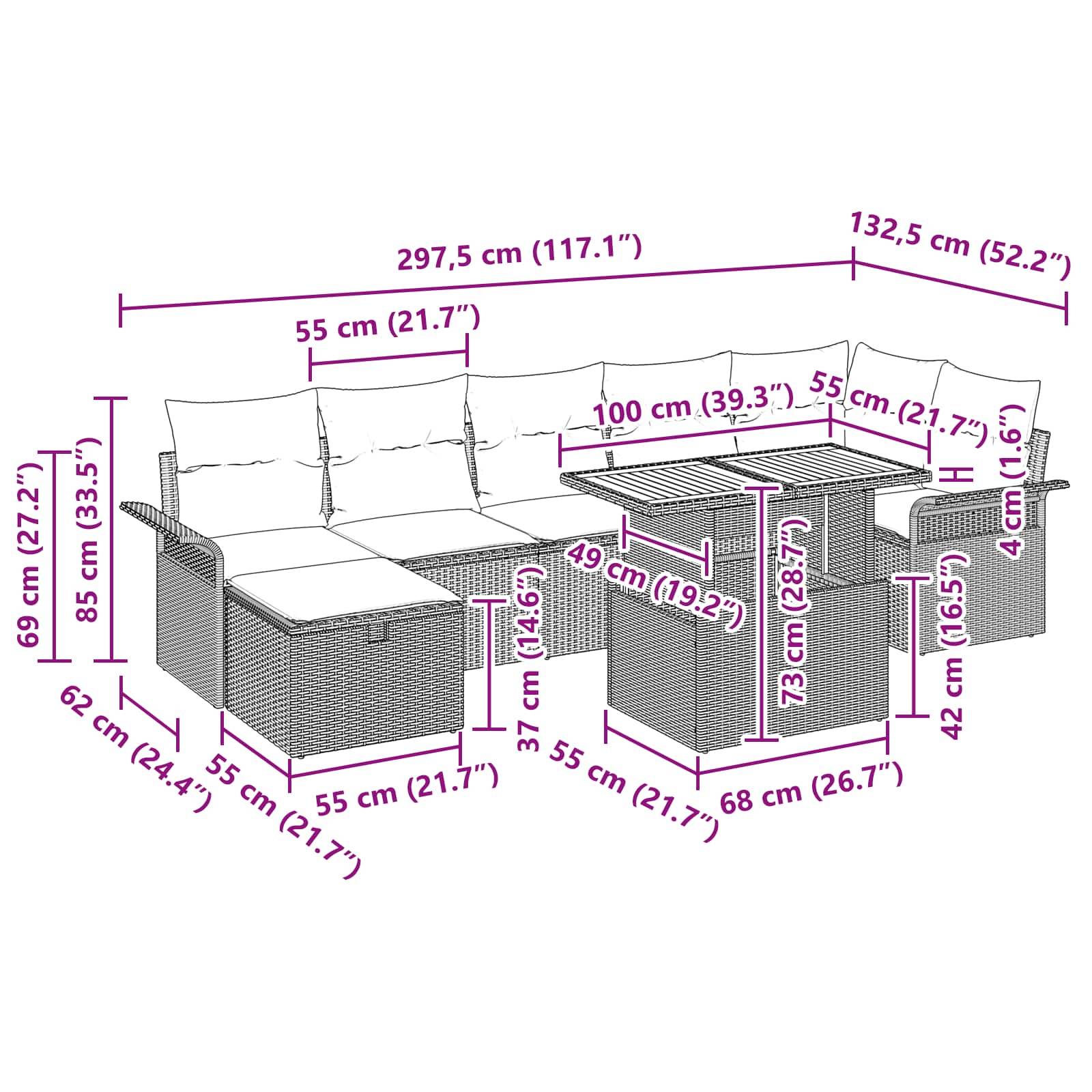 vidaXL Gartensofa-set mit Kissen mit Speicher 8 pcs Grau Poly-Rattan
