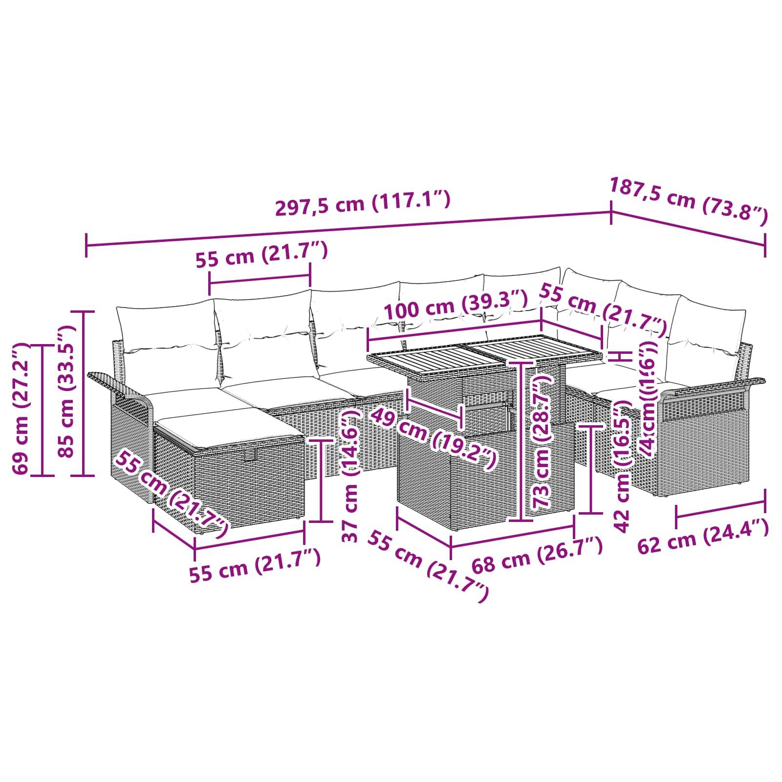 vidaXL Garten-Sofa-Set 9 pcs Grau Poly-Rattan