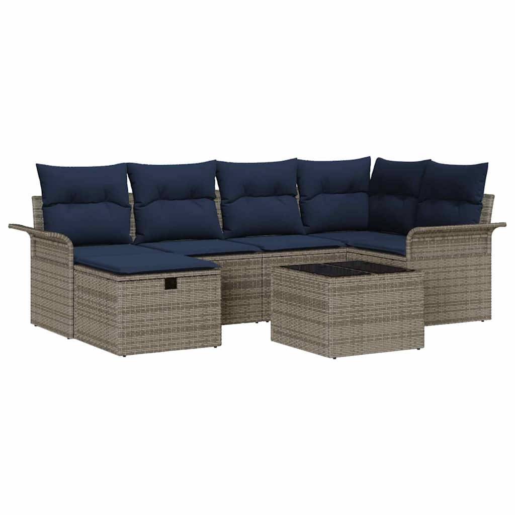 vidaXL Gartensofa-set mit Kissen 7 pcs Grau und Marineblau Poly-Rattan