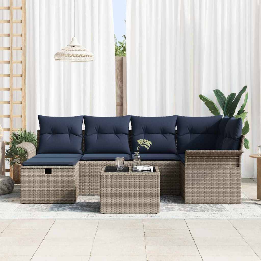 vidaXL Gartensofa-set mit Kissen 7 pcs Grau und Marineblau Poly-Rattan