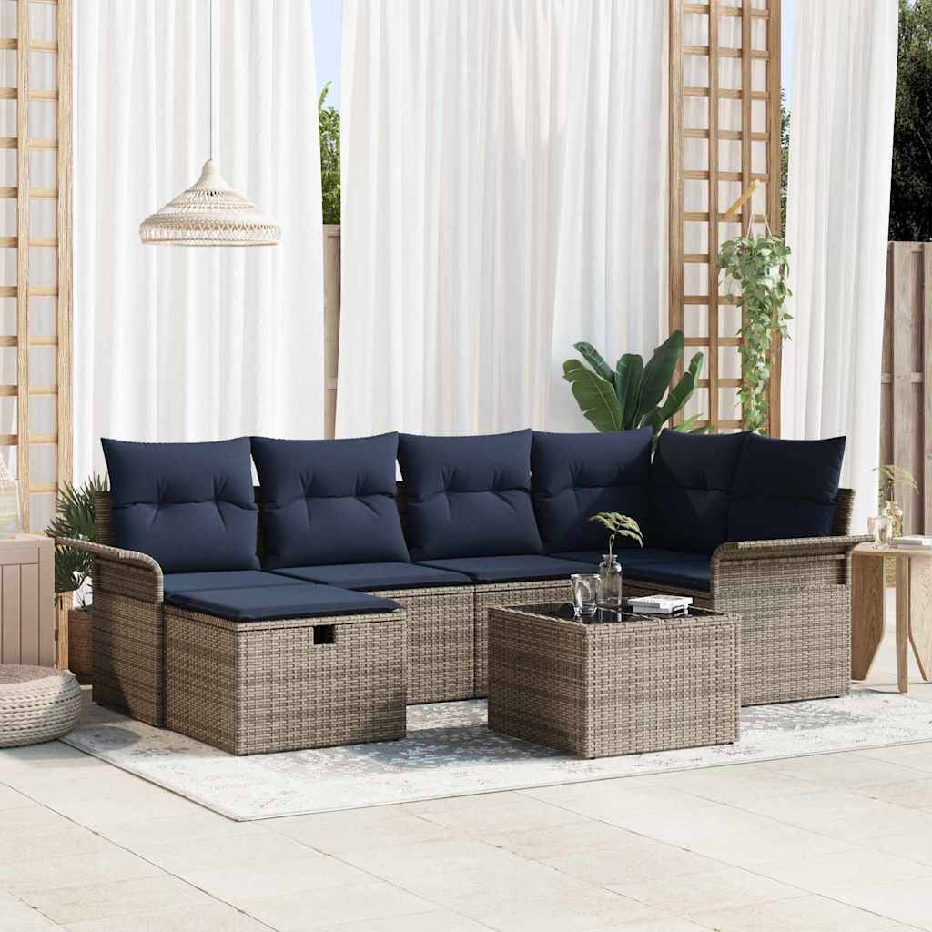 vidaXL Gartensofa-set mit Kissen 7 pcs Grau und Marineblau Poly-Rattan