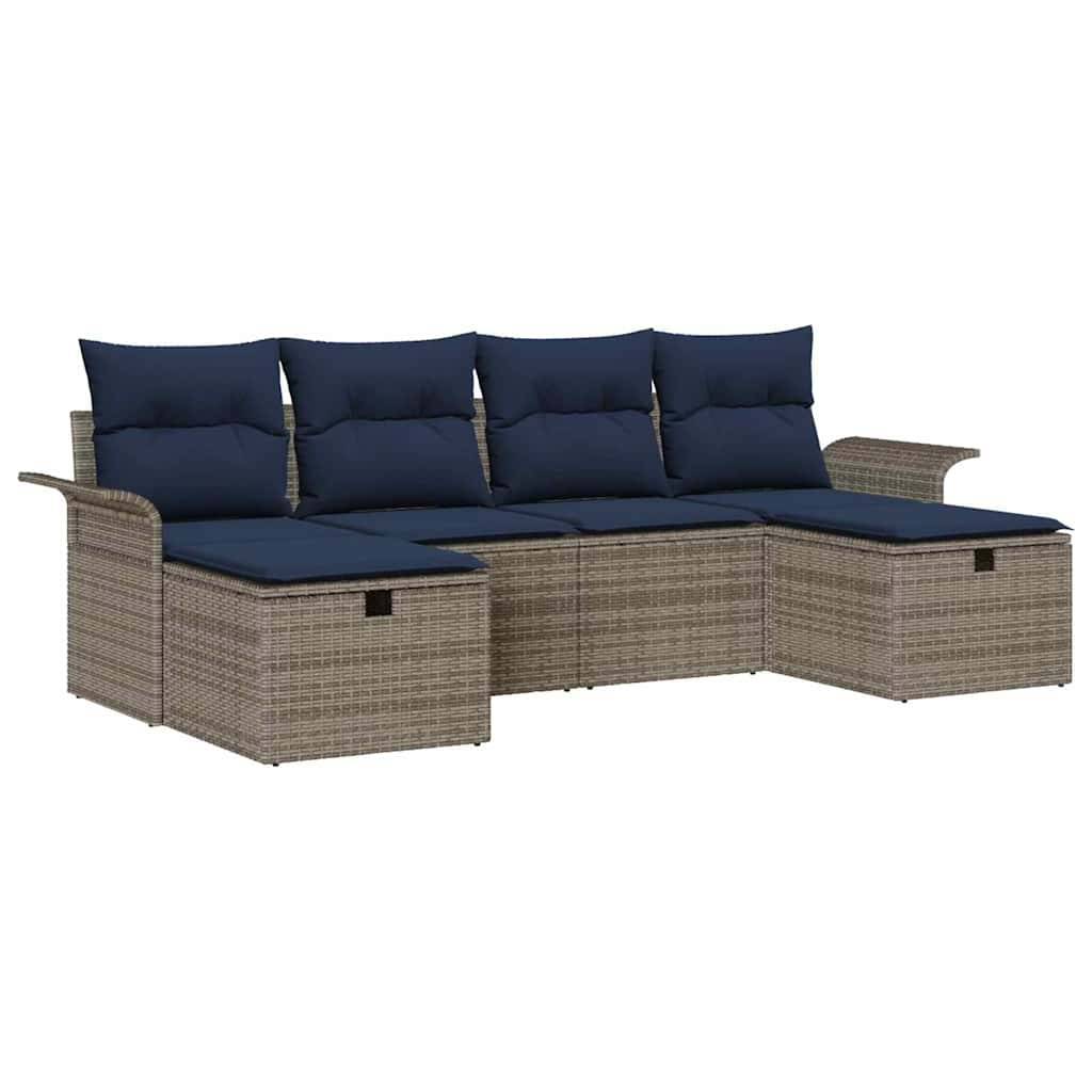 vidaXL Garten-Sofa-Set mit Kissen mit Speicher 6 pcs Grau Poly Rattan