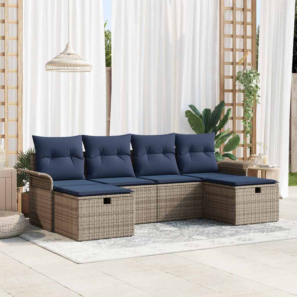 vidaXL Garten-Sofa-Set mit Kissen mit Speicher 6 pcs Grau Poly Rattan