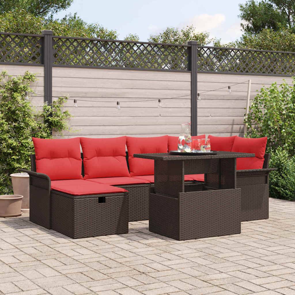 vidaXL Garten-Sofa-Set mit Kissen mit Speicher 7 pcs Braun Poly Rattan