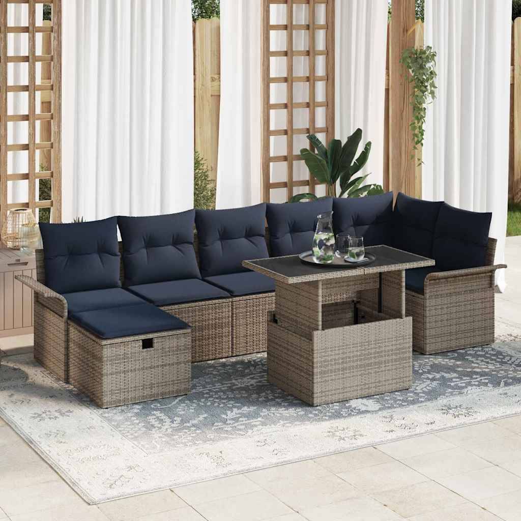 vidaXL Garten-Sofa-Set mit Kissen mit Speicher 8 pcs Grau Poly Rattan