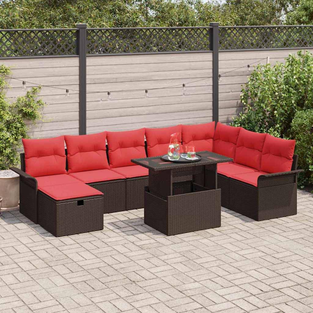 vidaXL Garten-Sofa-Set mit Kissen mit Speicher 9 pcs Braun Poly Rattan