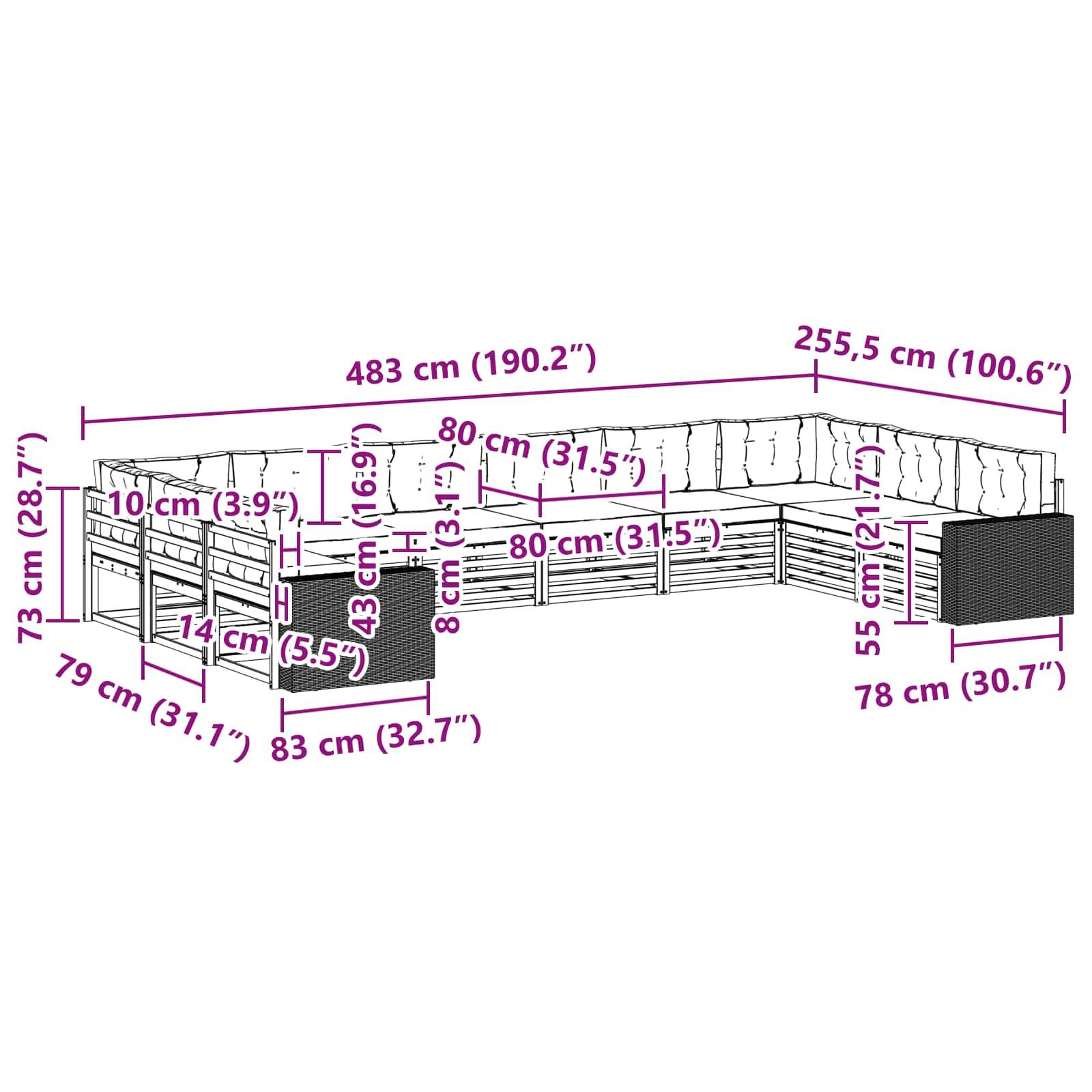 vidaXL Sofagarnituren mit Kissen 10 pcs Massivholz Akazie