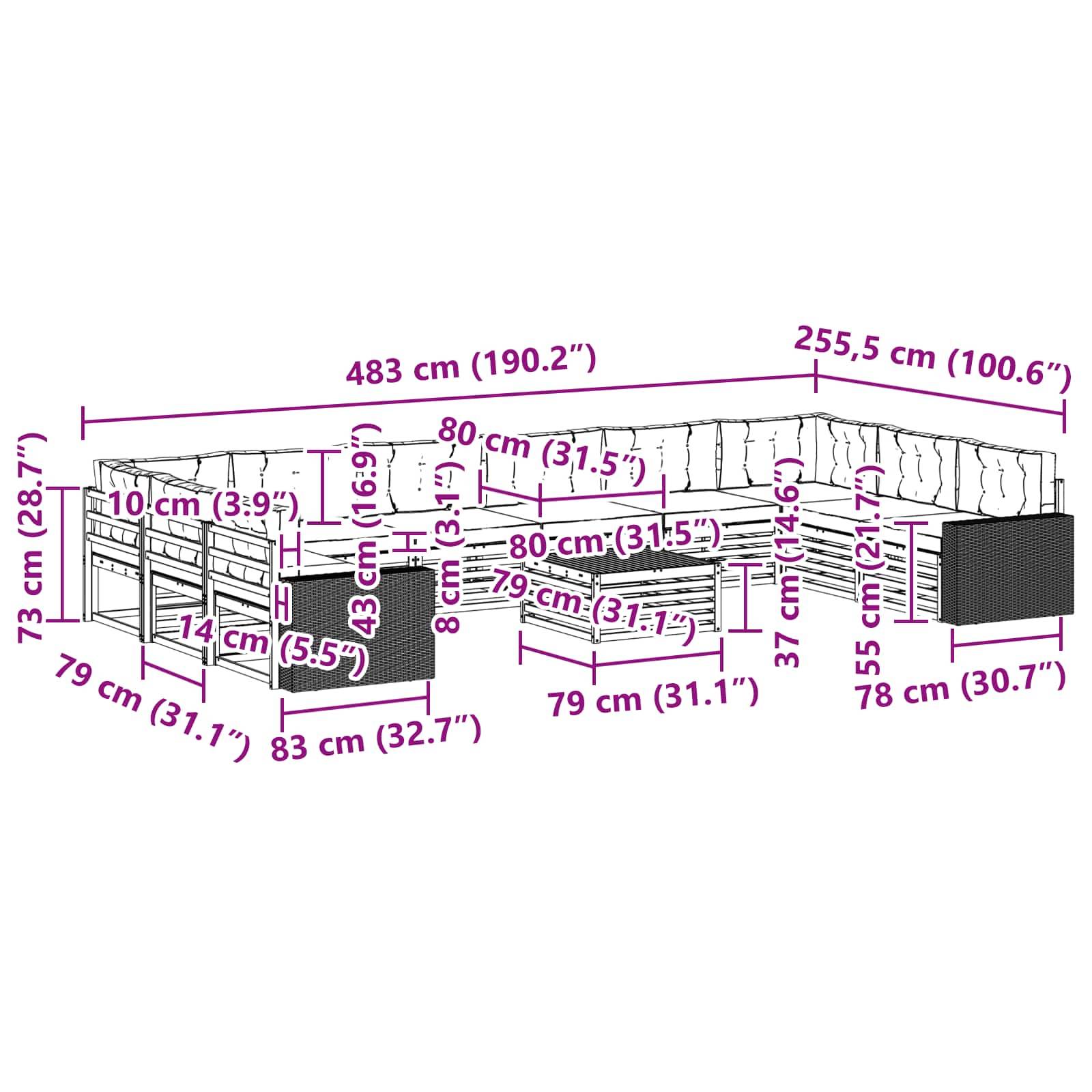 vidaXL Sofagarnituren mit Kissen 11 pcs Massivholz Akazie