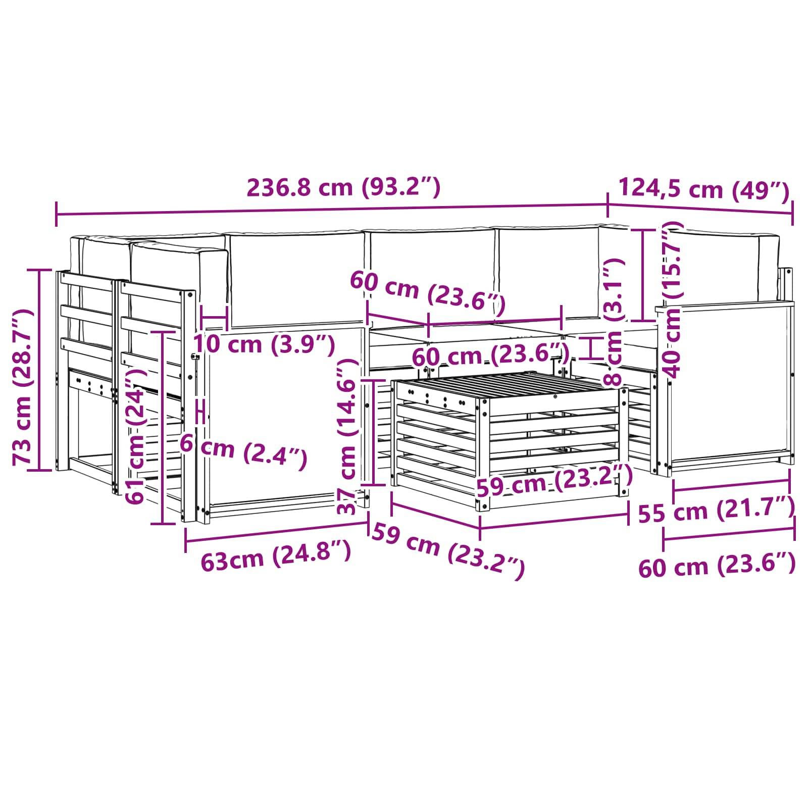 vidaXL Outdoor-Sofagarnitur mit Kissen 7 pcs Natürlich und Hellgrau