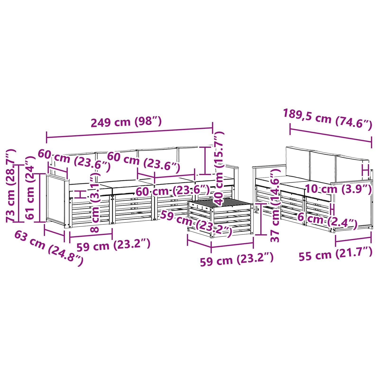 vidaXL Sofagarnituren mit Kissen 8 pcs Massivholz Akazie
