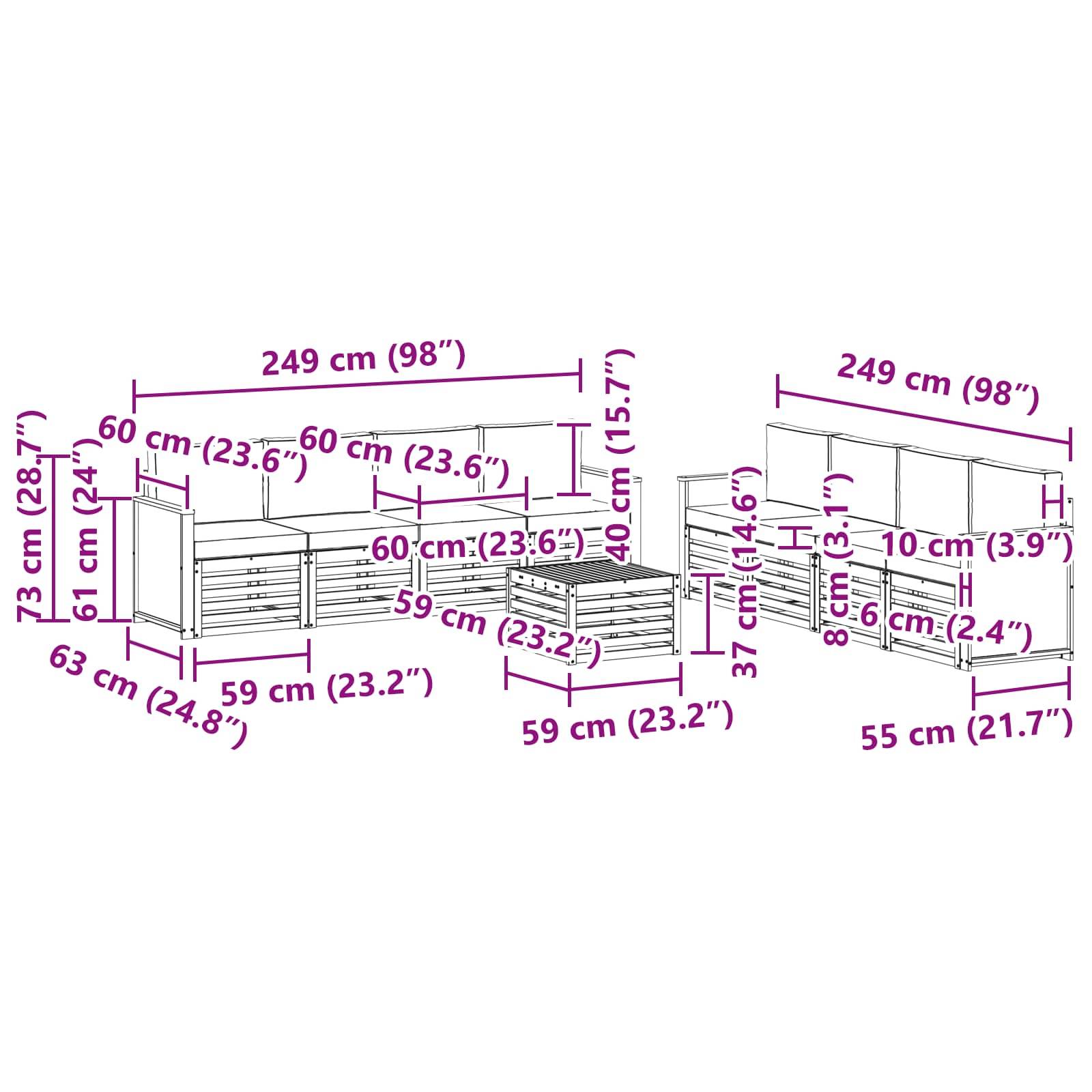 vidaXL Sofagarnituren mit Kissen 9 pcs Massivholz Akazie