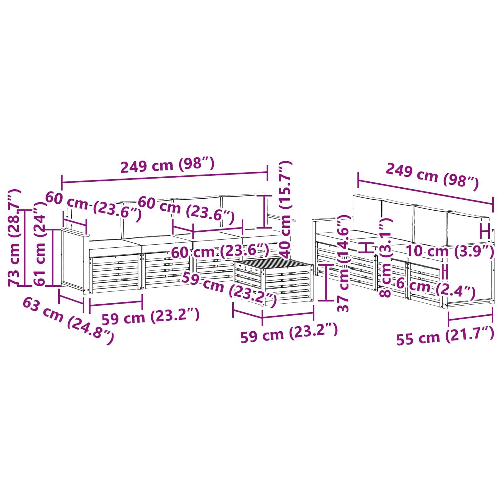 vidaXL Sofagarnituren mit Kissen 9 pcs Massivholz Akazie