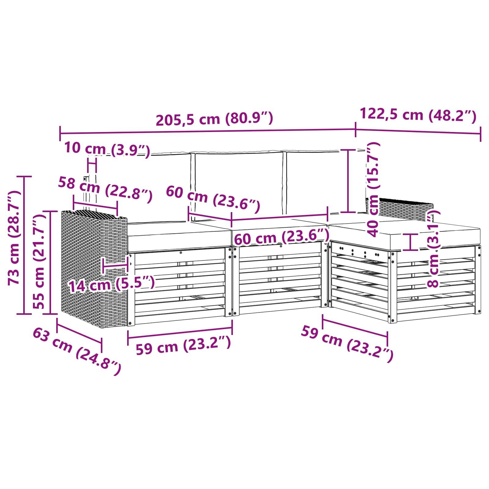 vidaXL Outdoor-Sofagarnitur mit Kissen 4 pcs Natur und Creme