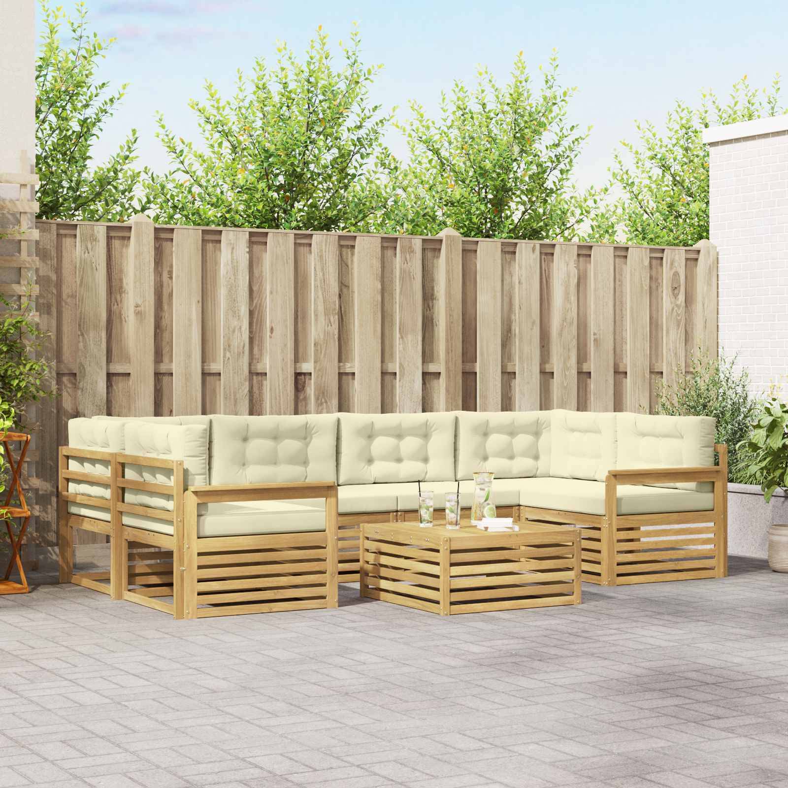 vidaXL Outdoor-Sofagarnitur mit Kissen 7 pcs Weiß und Creme Polyester