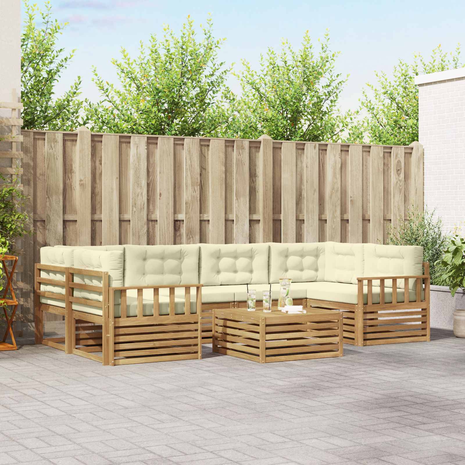 vidaXL Outdoor-Sofagarnitur mit Kissen 7 pcs Weiß und Creme Polyester
