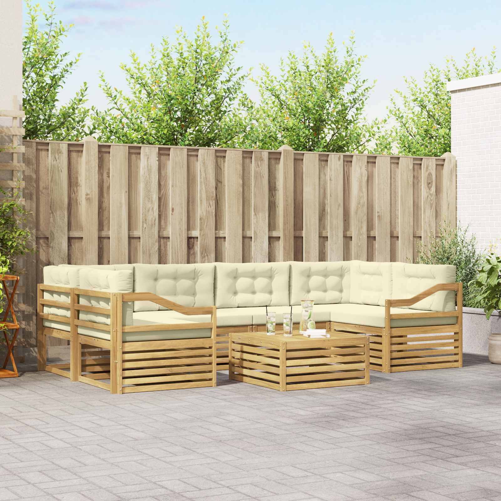 vidaXL Outdoor-Sofagarnitur mit Kissen 7 pcs Weiß und Creme Polyester