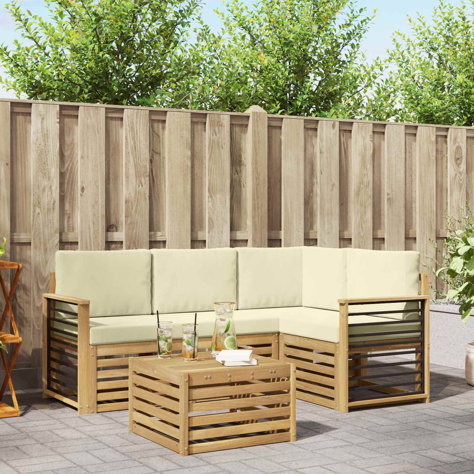 vidaXL Outdoor-Sofagarnitur mit Kissen 5 pcs Weiß und Creme Polyester