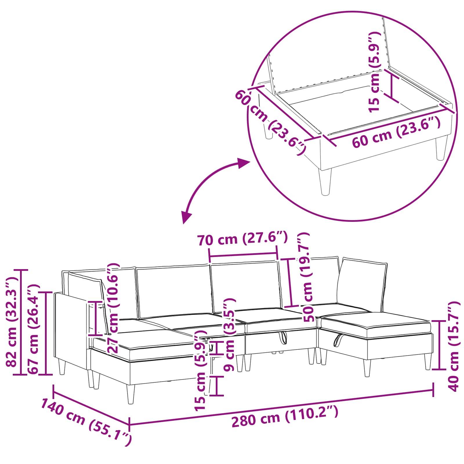 vidaXL Wohnzimmergarnitur mit Kissen mit Speicher 6 pcs Rosa Samt