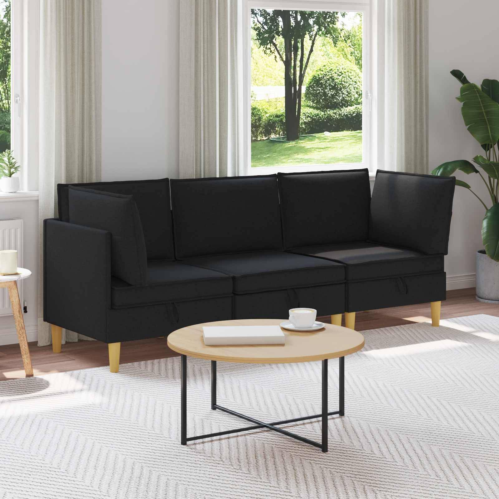 vidaXL Wohnzimmergarnitur mit Kissen mit Speicher 3 pcs Schwarz Stoff