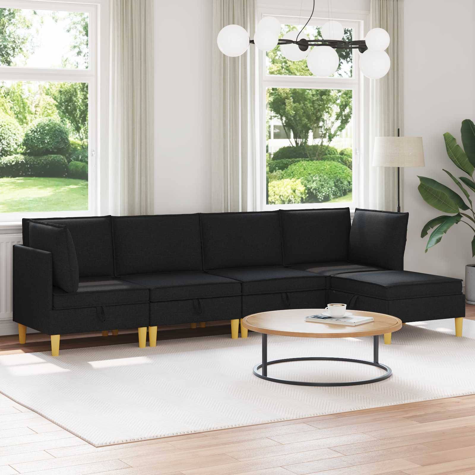 vidaXL Wohnzimmergarnitur mit Kissen mit Speicher 5 pcs Schwarz Stoff