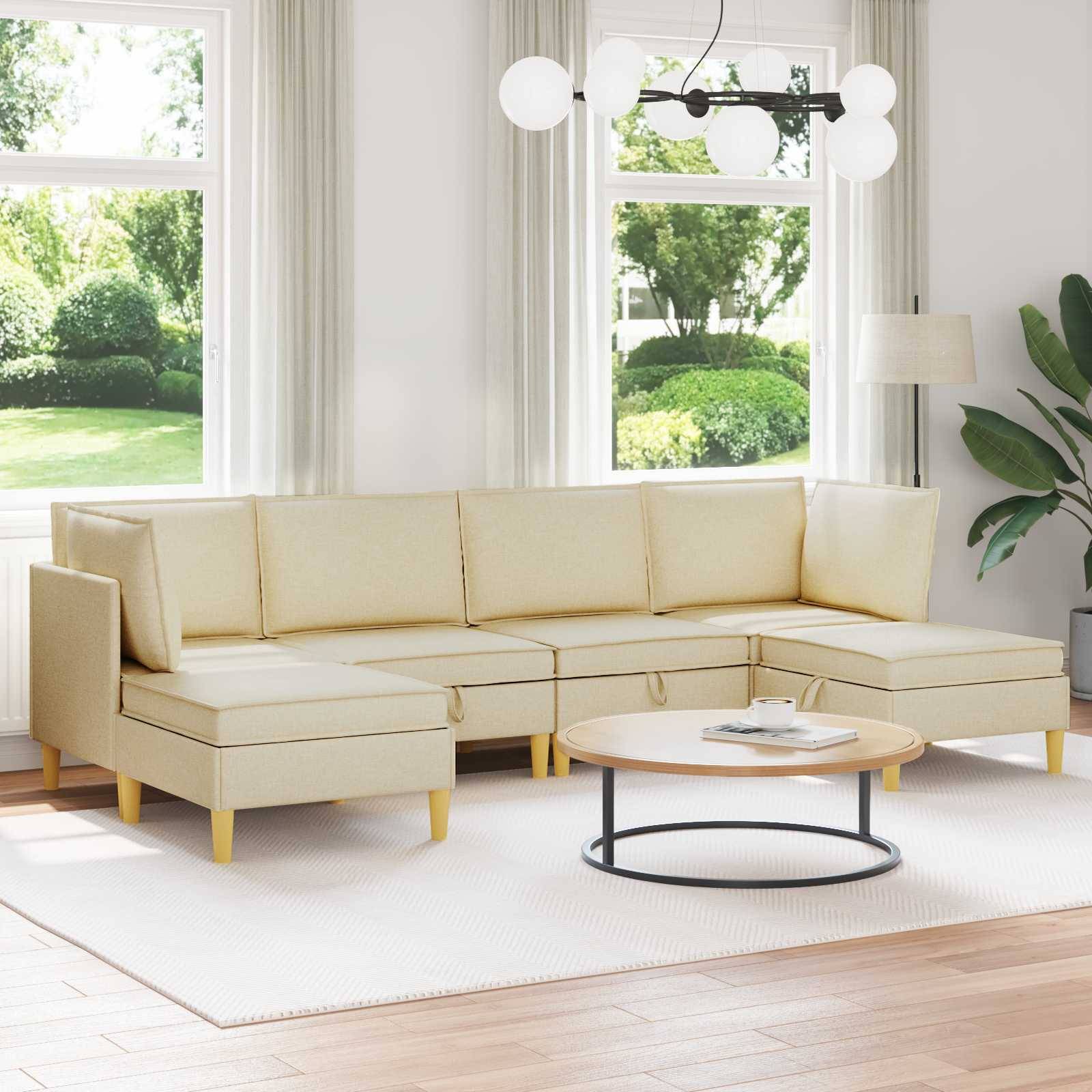 vidaXL Wohnzimmergarnitur mit Kissen mit Speicher 6 pcs Creme Stoff