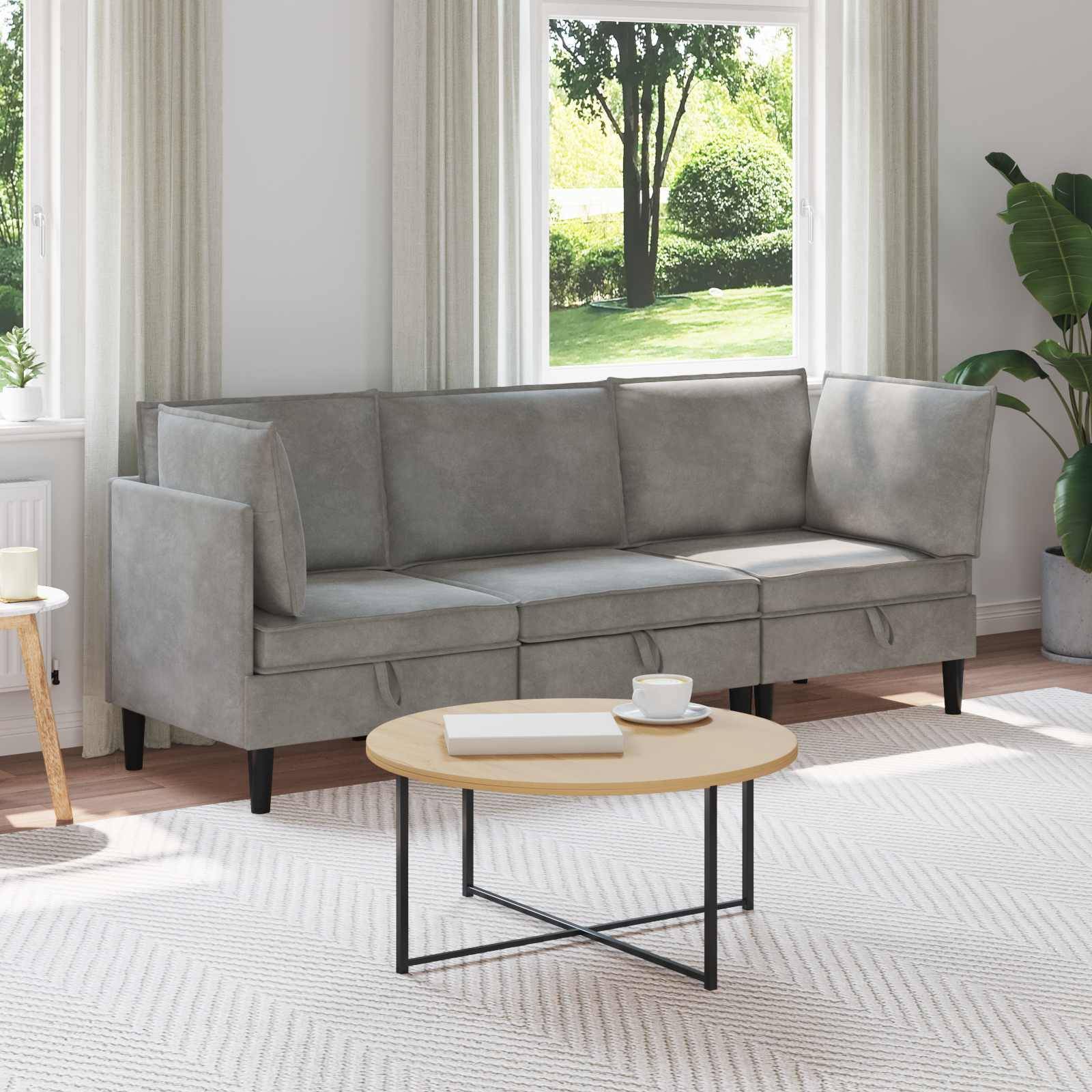 vidaXL Wohnzimmergarnitur mit Kissen mit Speicher 3 pcs Hellgrau Samt