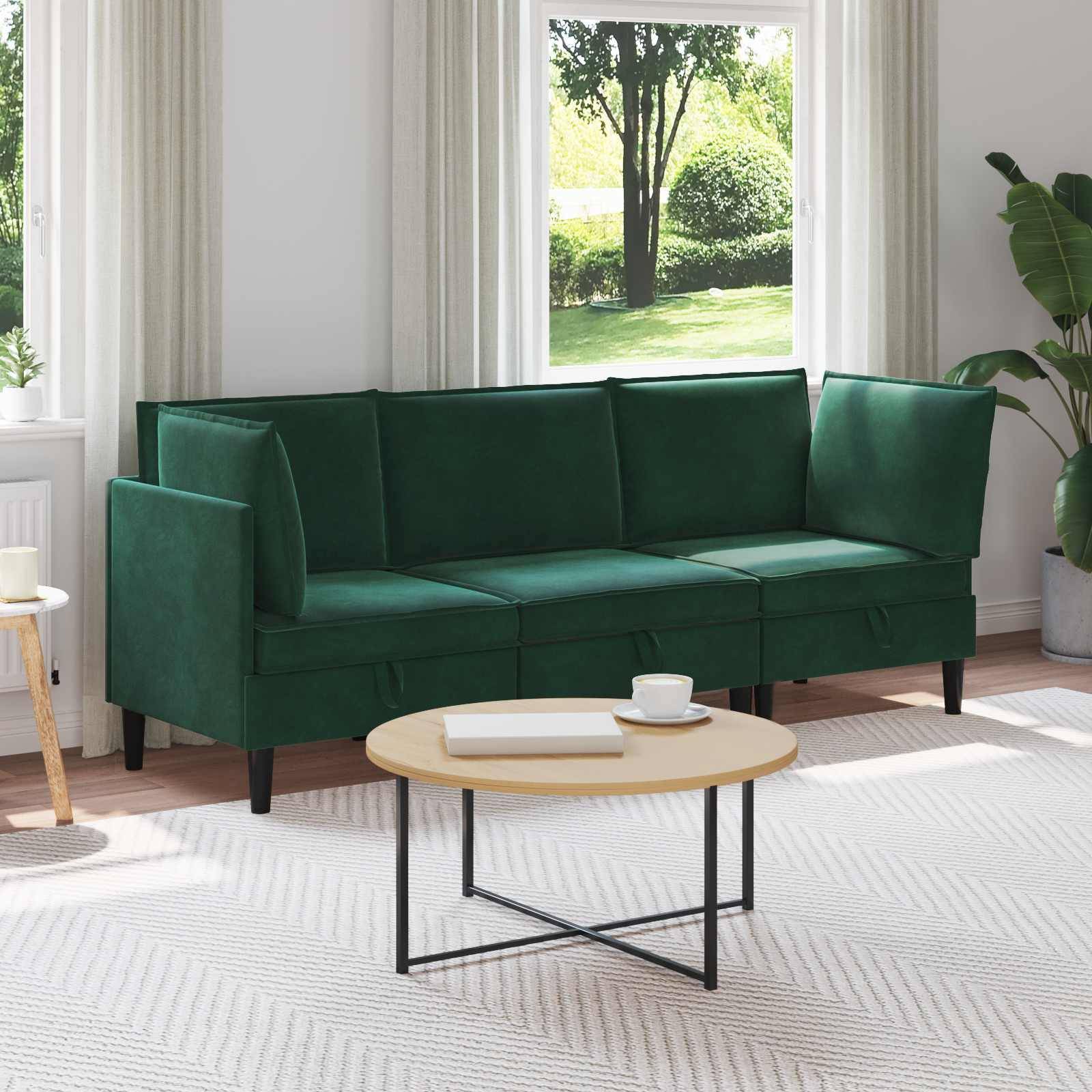 vidaXL Wohnzimmergarnitur mit Kissen 3 pcs Dunkelgrün Samt