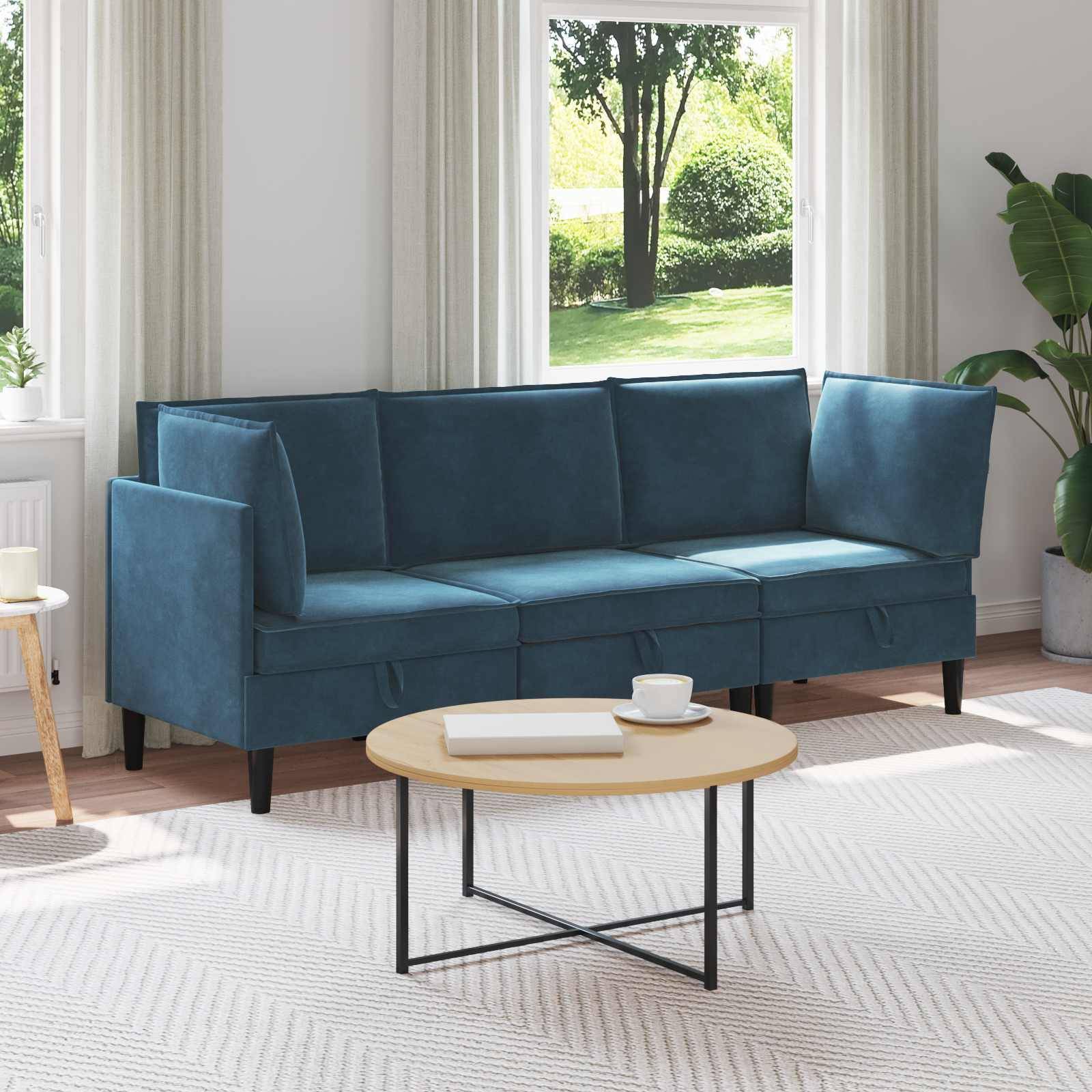 vidaXL Wohnzimmergarnitur mit Kissen mit Speicher 3 pcs Blau Samt