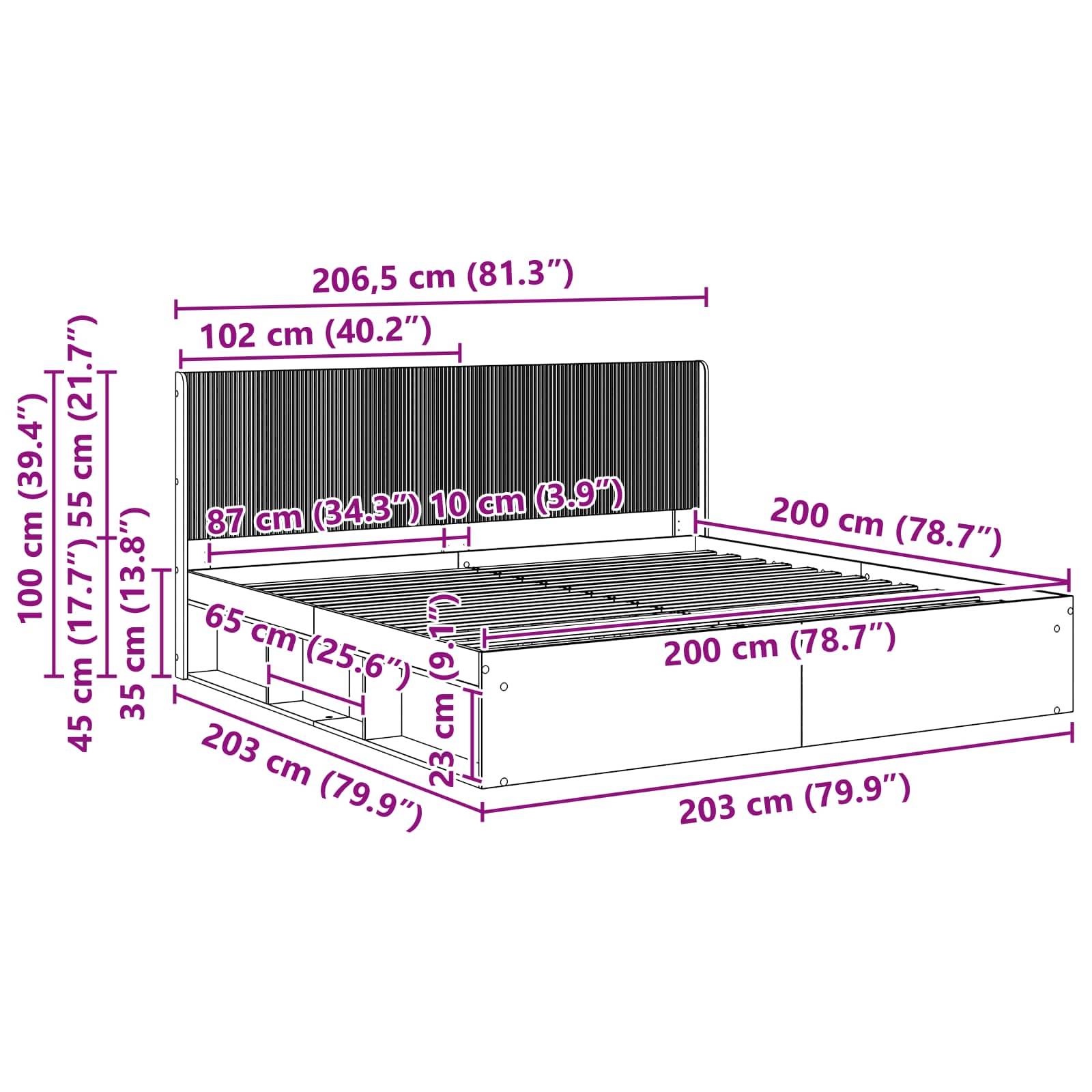 vidaXL Bettgestell mit Stauraum und Kopfteil Weiß 200 x 200 cm