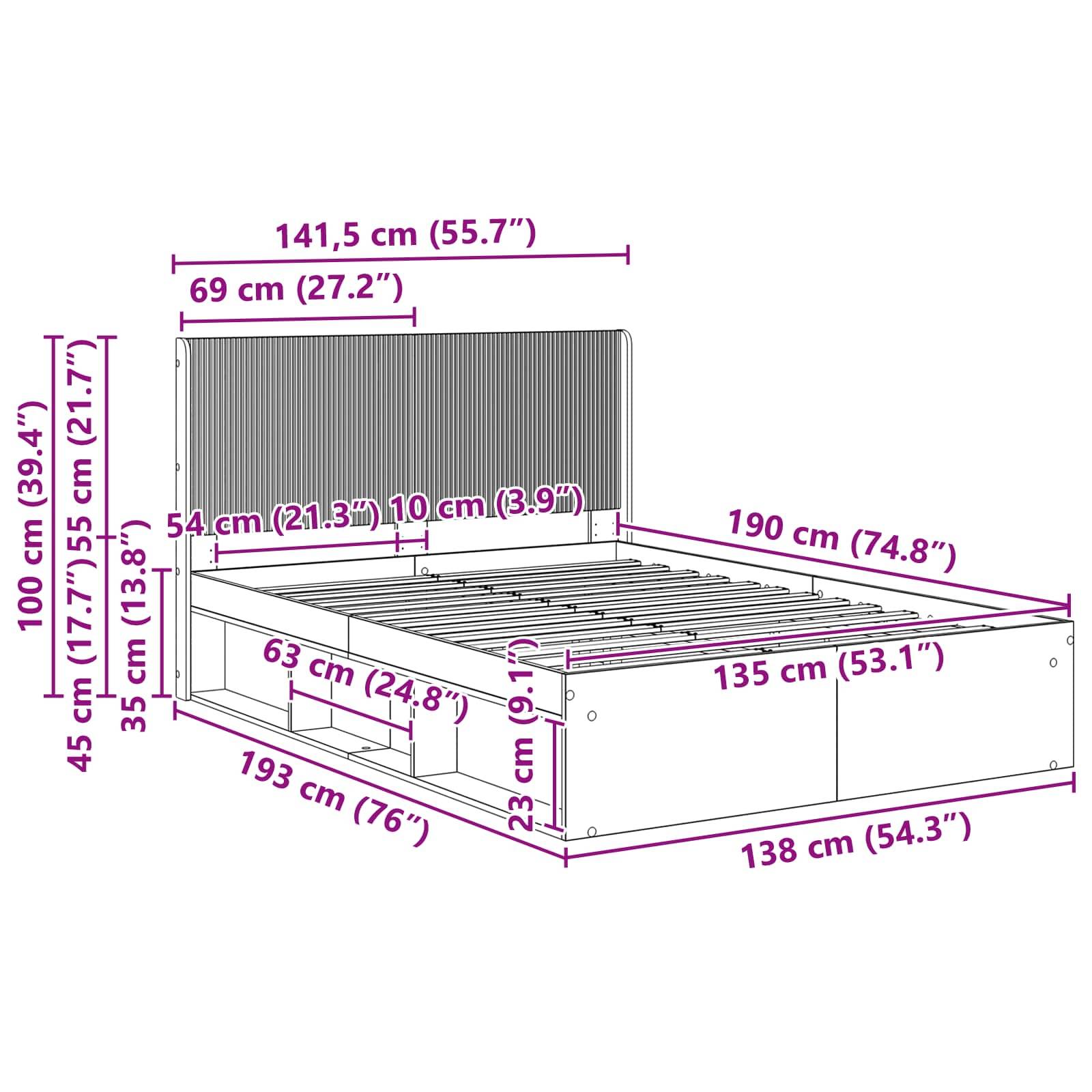 vidaXL Bettgestell mit Stauraum und Kopfteil Schwarz 135 x 190 cm