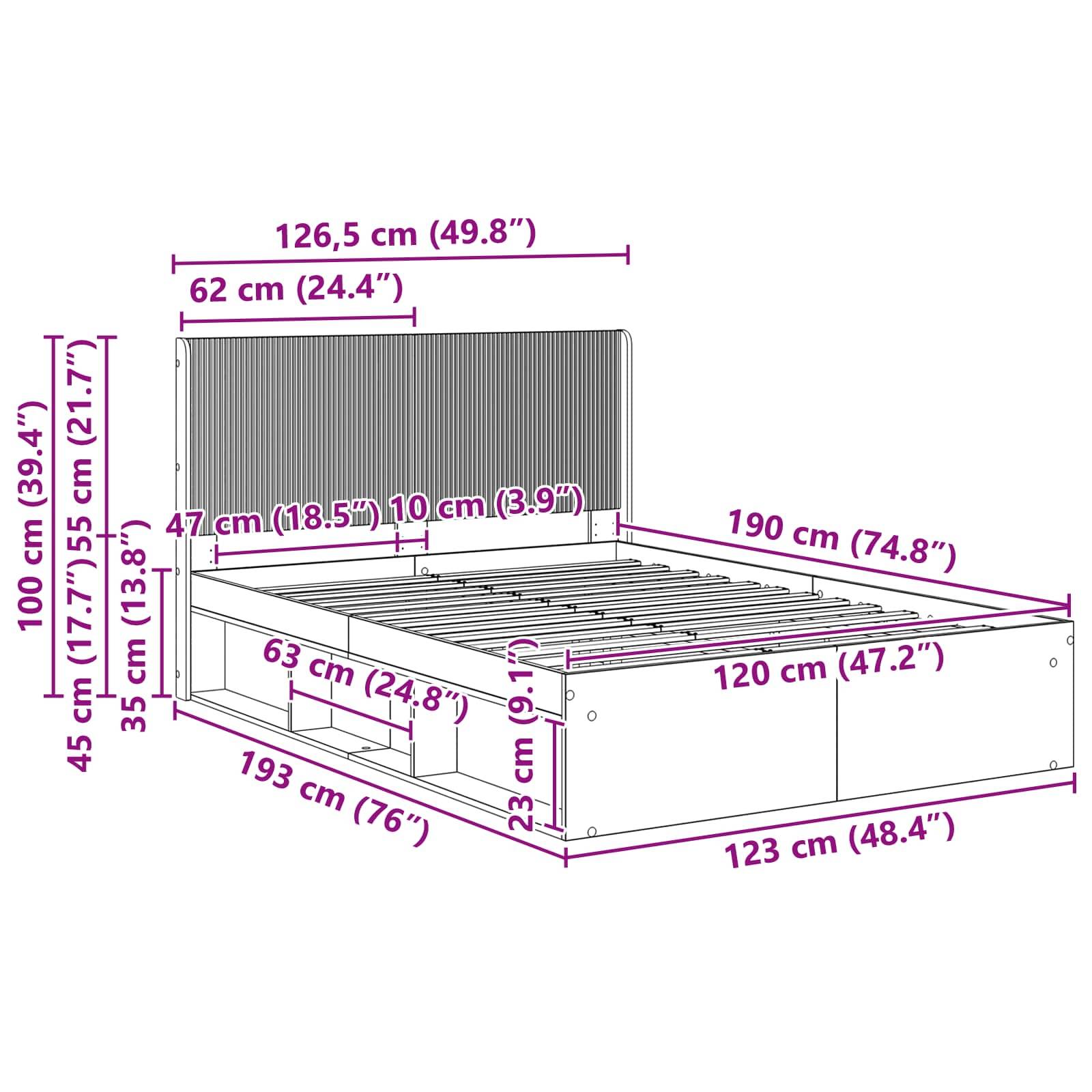 vidaXL Bettgestell mit Stauraum und Kopfteil Weiß 120 x 190 cm