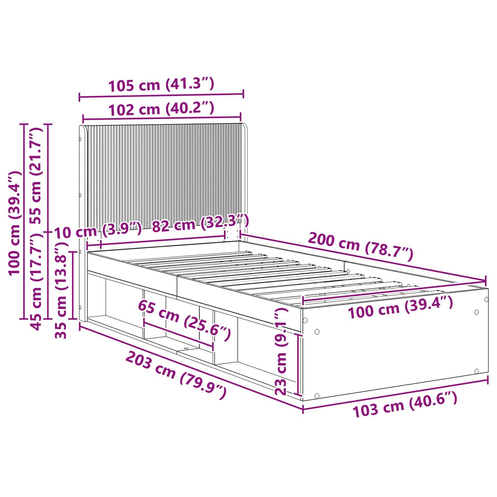 vidaXL Bettgestell mit Stauraum und Kopfteil Betongrau 100 x 200 cm