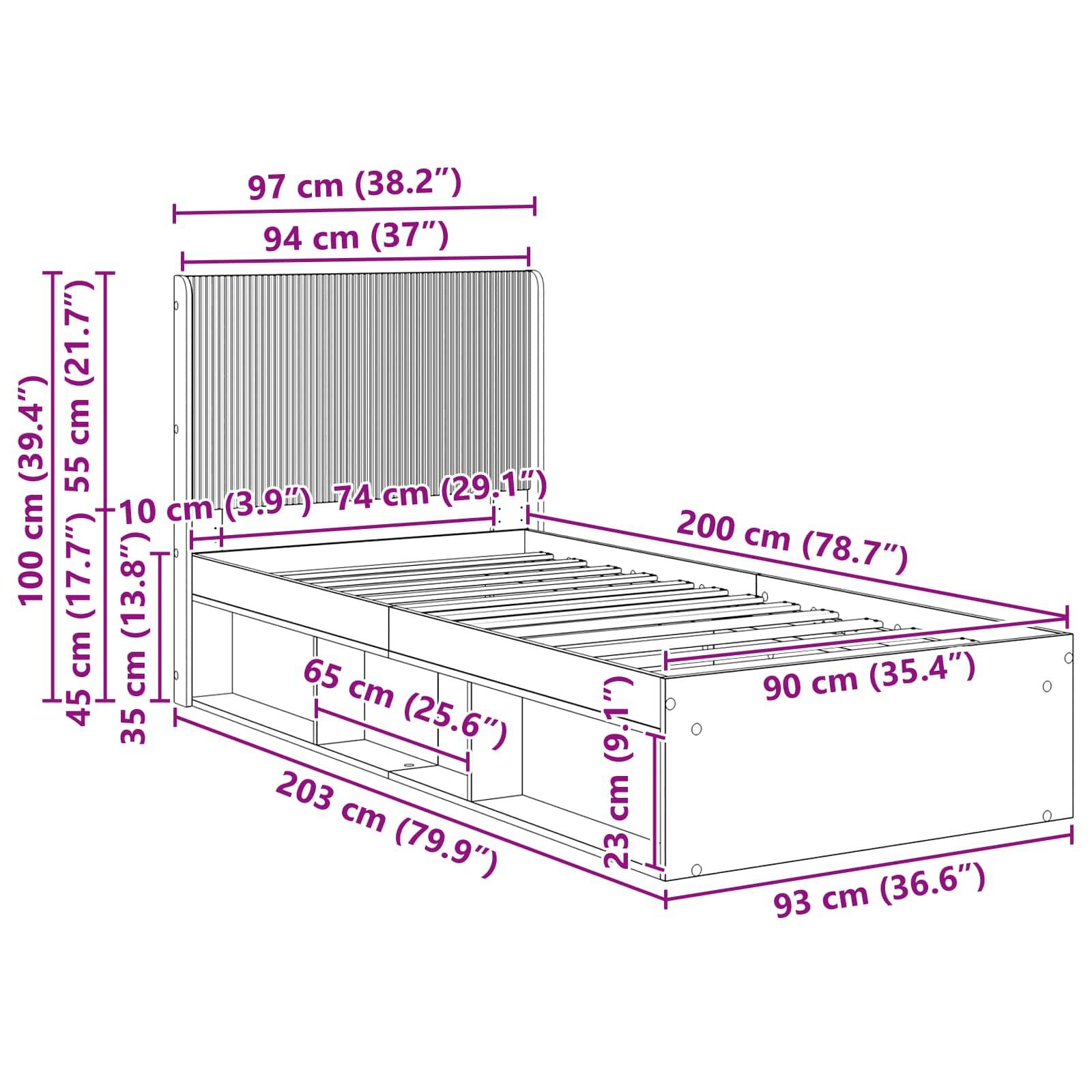 vidaXL Bettgestell mit Stauraum und Kopfteil Weiß 90 x 200 cm