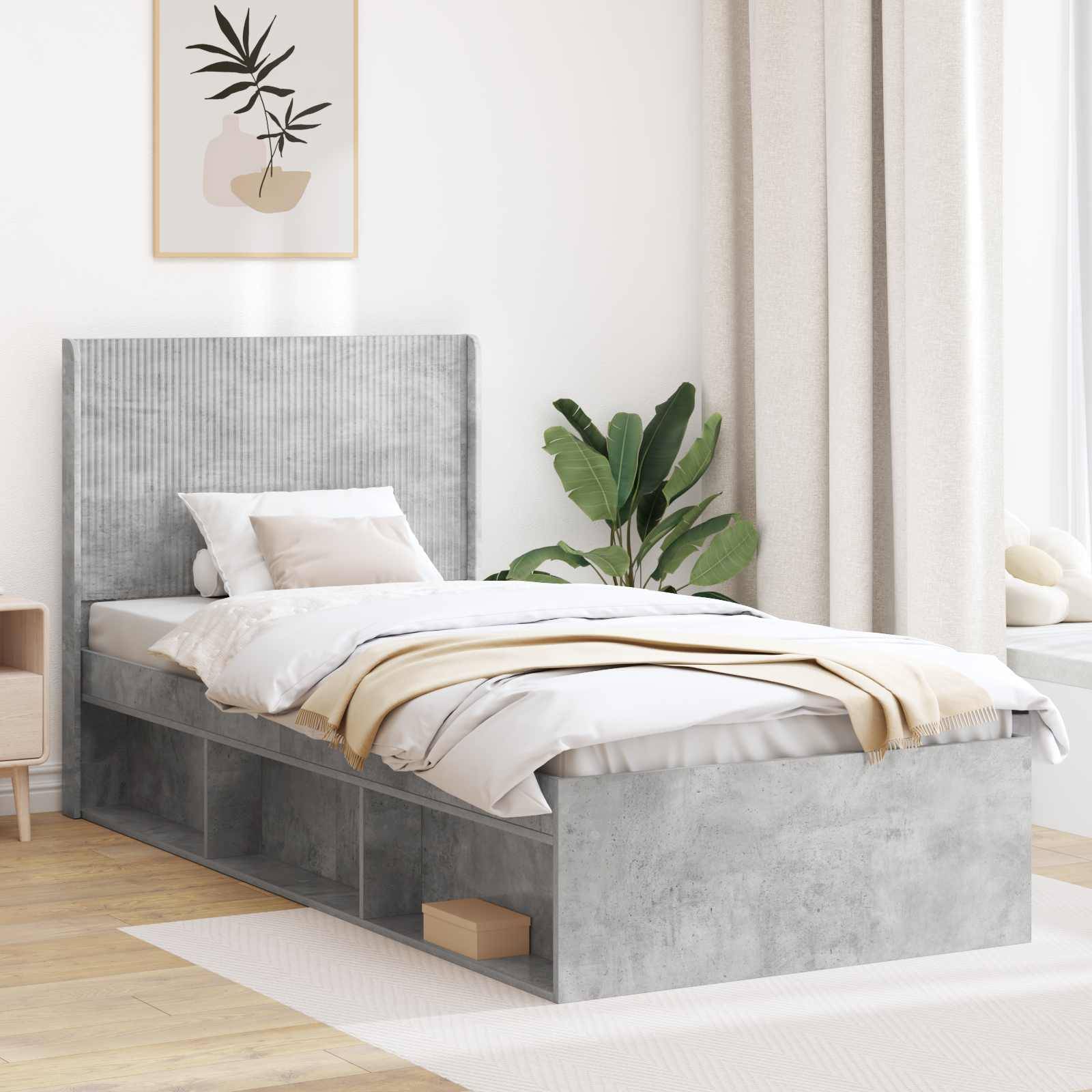 vidaXL Bettgestell mit Stauraum und Kopfteil Betongrau 100 x 200 cm