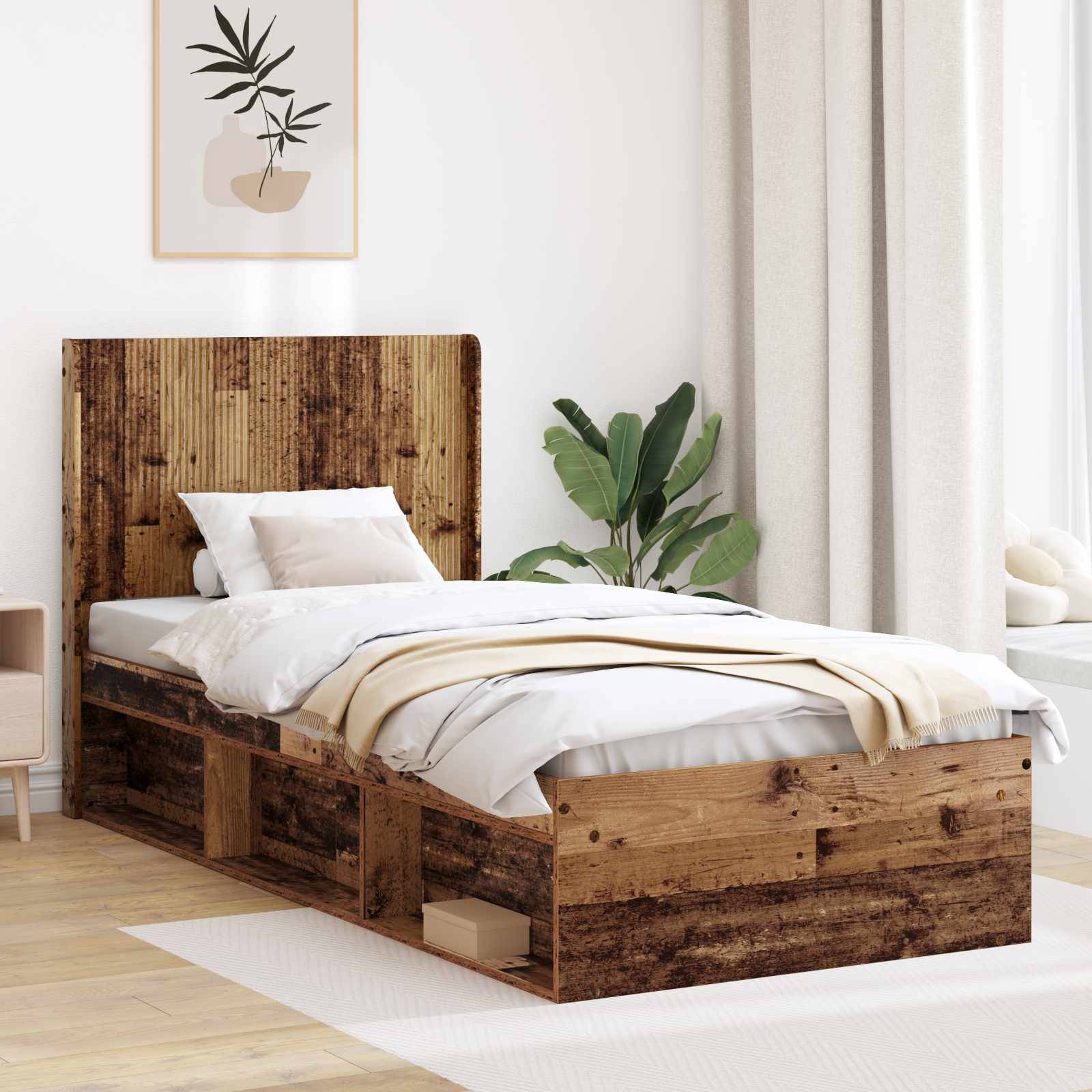vidaXL Bettgestell mit Stauraum und Kopfteil Altholz 100 x 200 cm