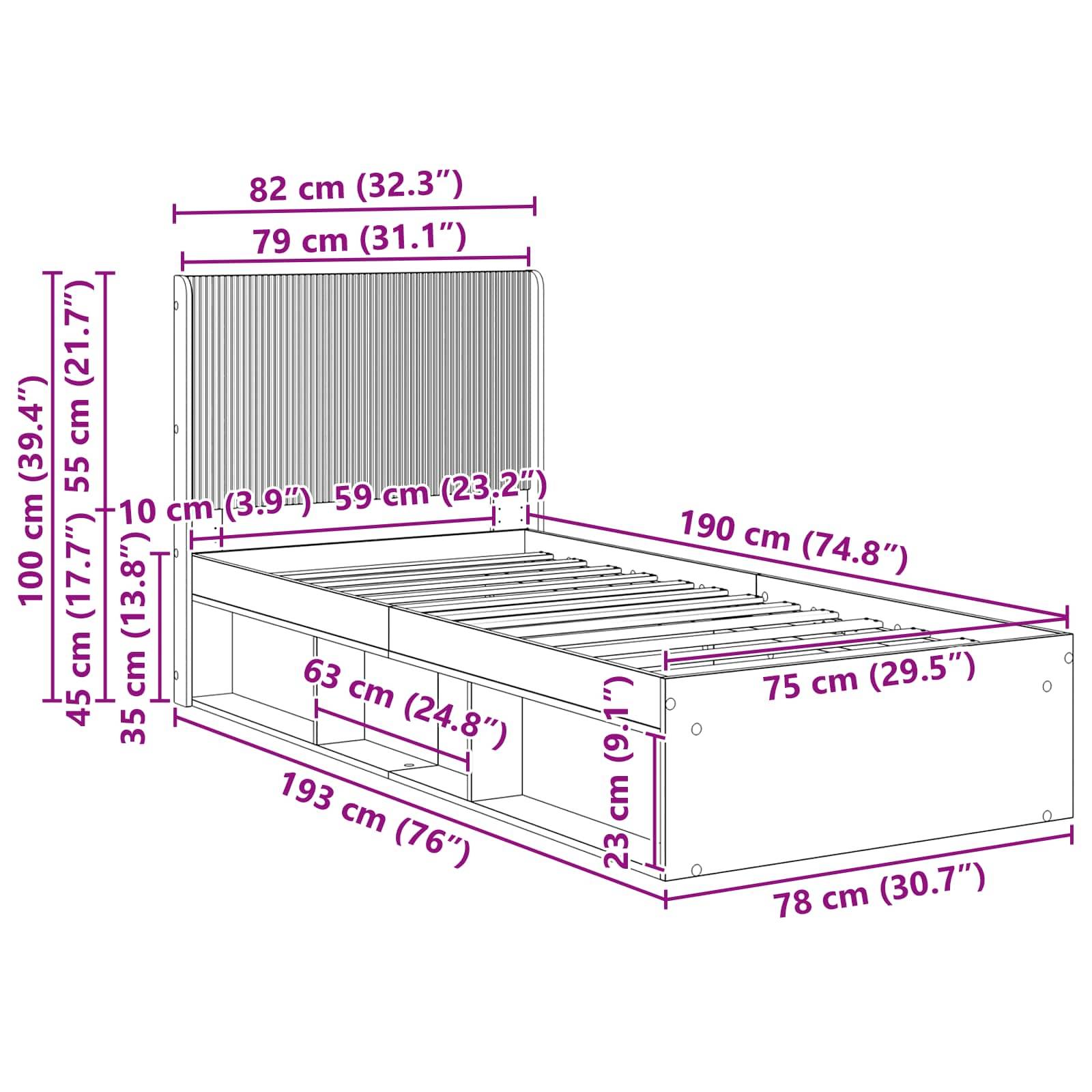 vidaXL Bettgestell mit Stauraum und Kopfteil Artisan-Eiche 75 x 190 cm